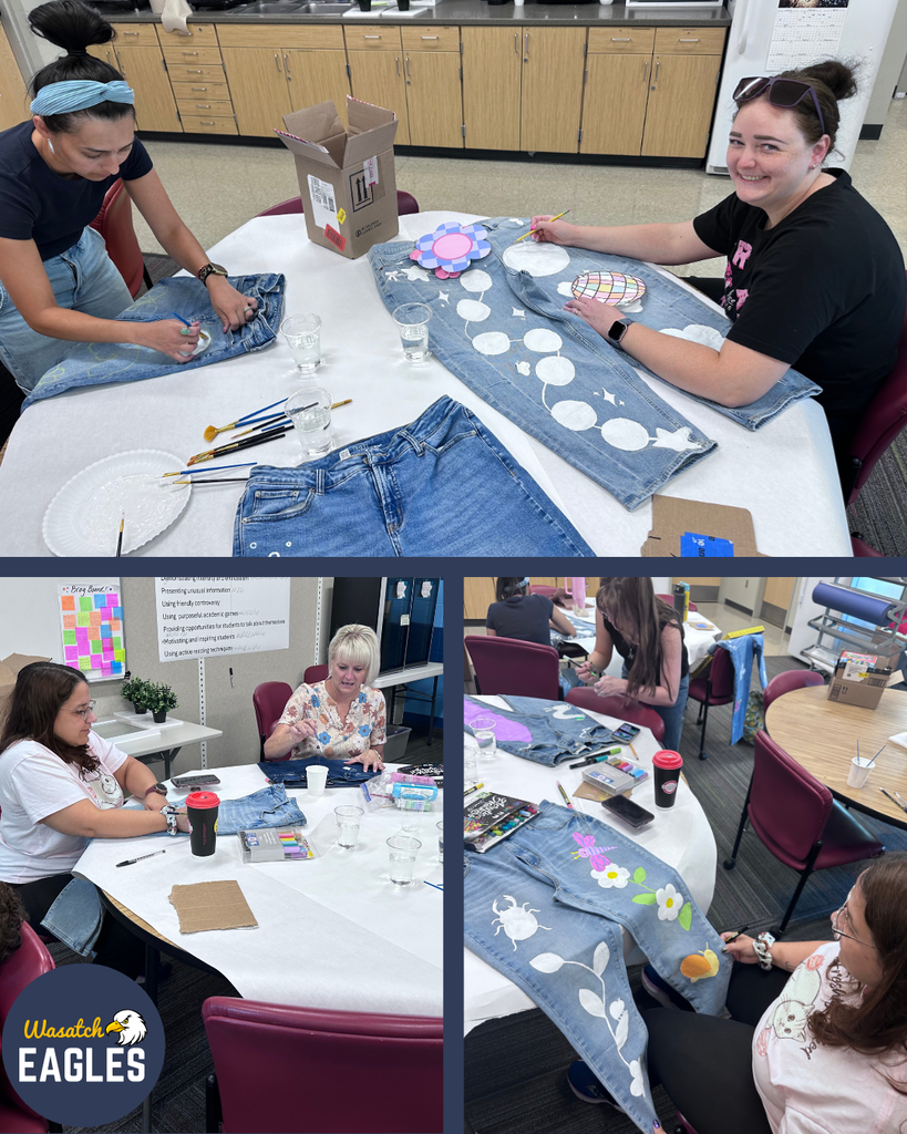 Collage of three photos showing participants decorating denim clothing and fabric items during a craft workshop. In the top photo, two people sit at a table painting designs on blue denim garments. One denim piece features a large white balloon-and-cloud pattern with a colorful hot air balloon design, while another person paints a blue denim item. Paintbrushes, cups of water, and art supplies are spread across the table.  In the lower-left photo, two people work together at a round table covered with denim pieces, markers, paint pens, cups of water, and a reusable coffee cup. One person paints details on a dark denim item while the other watches. Posters and storage cabinets are visible in the background. A “Wasatch Eagles” logo appears in the lower-left corner of the image.  In the lower-right photo, two participants continue decorating denim apparel at a crafting station. A denim garment in the foreground features painted flowers, leaves, a butterfly, and other nature-inspired designs. Paint markers, brushes, a coffee cup, and additional denim items are arranged across the tabletop in a classroom or workshop setting.