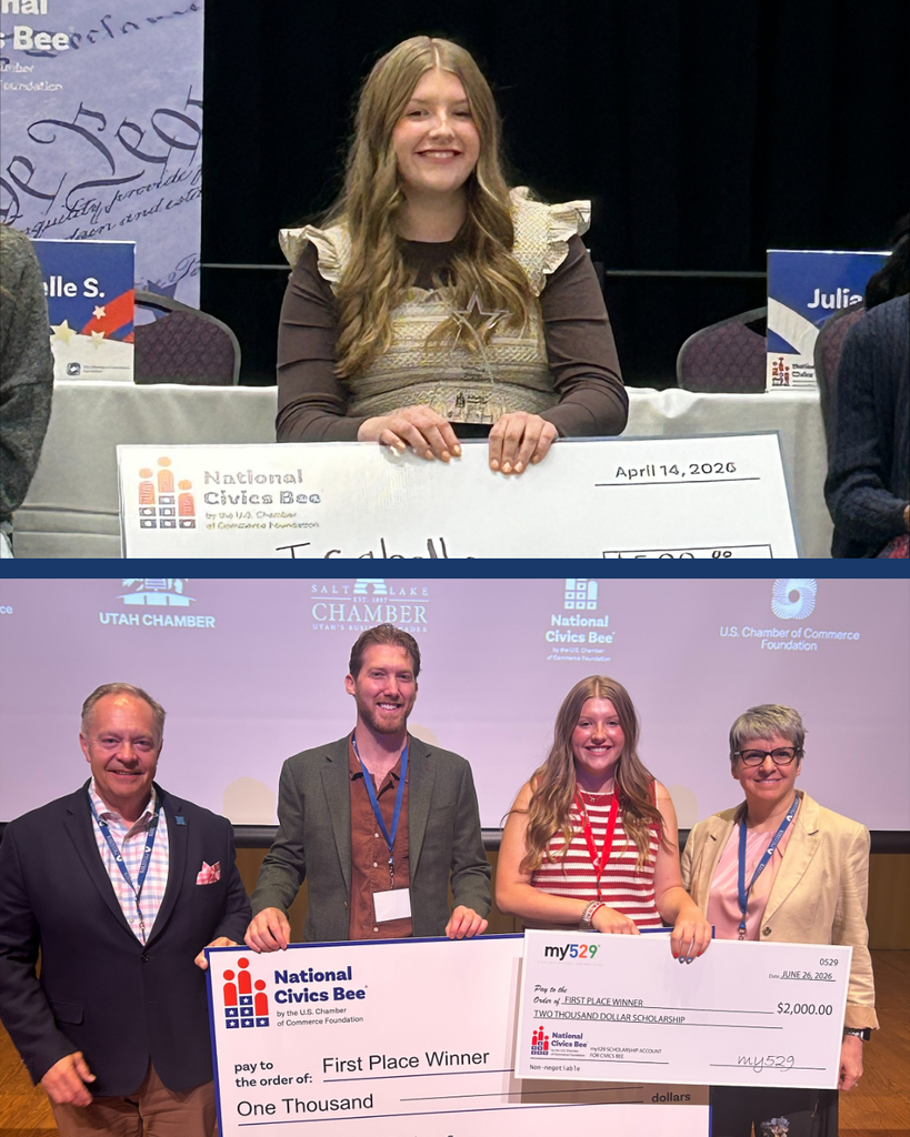 Two photos of a student receiving large checks from the National Civics Bee and my529.