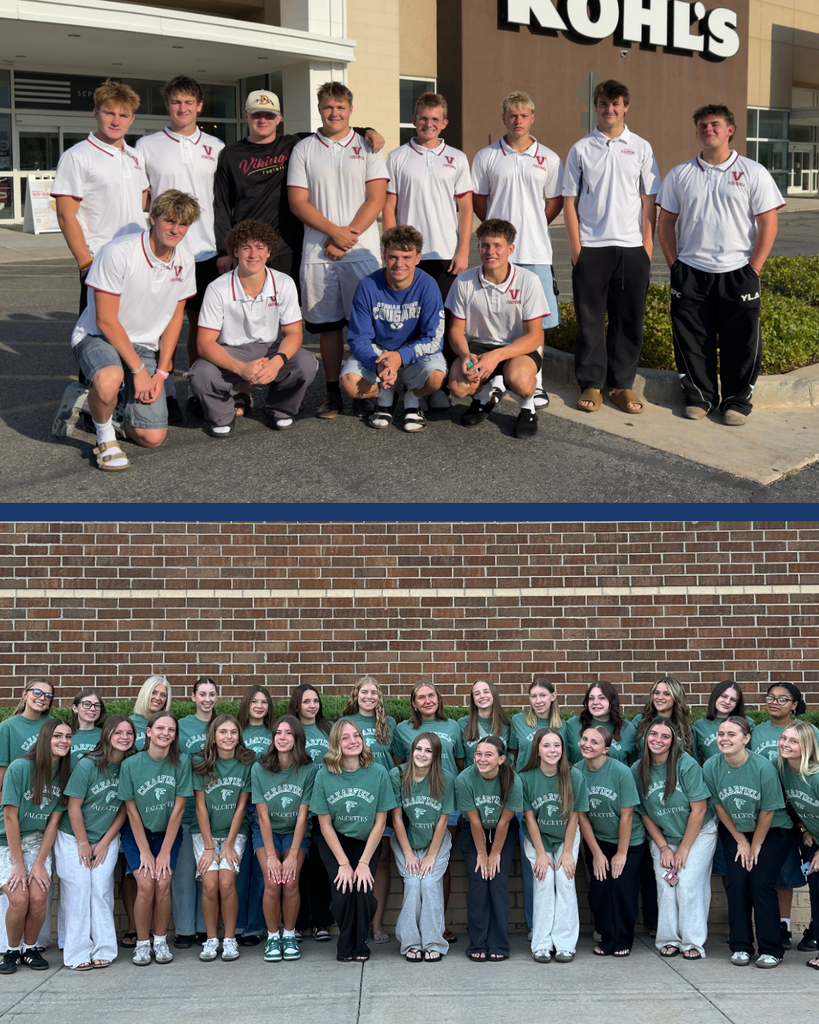Two large groups of students smiling.