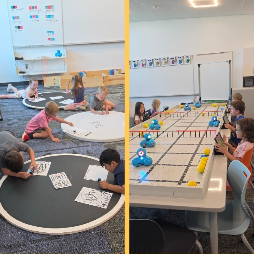 Students work on Ozobot coding drawings at round tables while other students use tablets to run Dash robots on a VEX field.