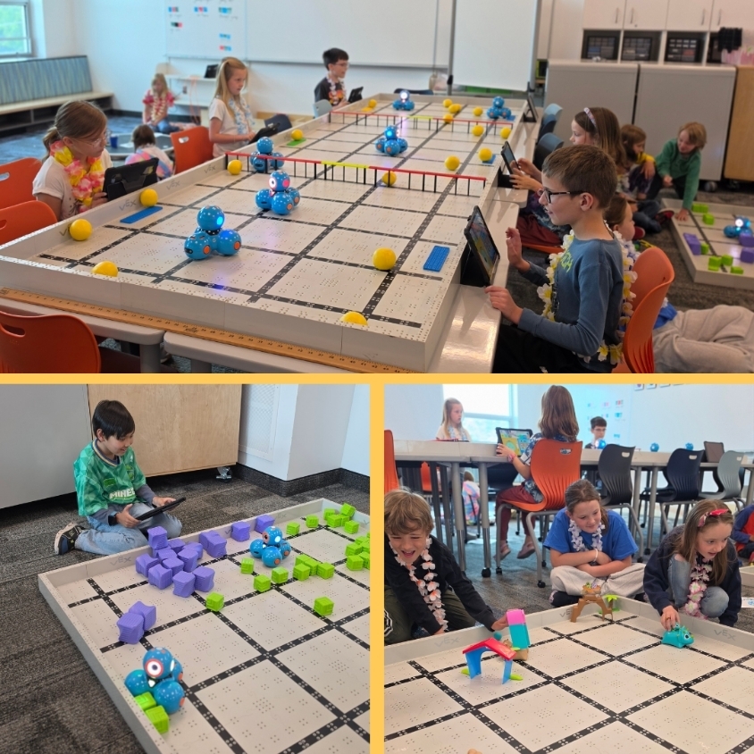 Collage showing students coding Dash robots on large VEX fields and using Coding Critters with small obstacle courses in the Robotics lab.
