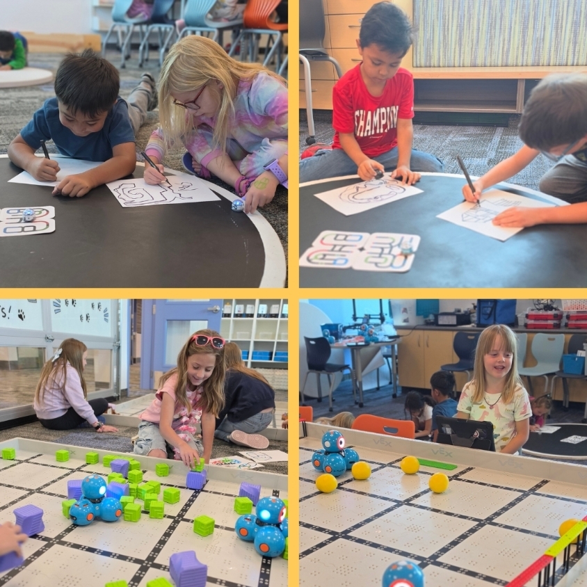Collage of students drawing Ozobot paths on paper and setting up Dash robot games with cubes, balls, and tablets.