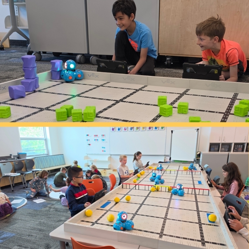 Collage of Bountiful Elementary students using tablets to control Dash robots on VEX fields with blocks, balls, and game barriers.