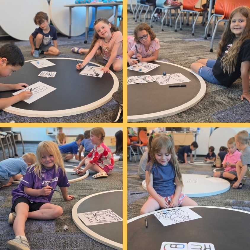 Collage of younger students drawing paths for Ozobots on paper during a computer science robot game activity.