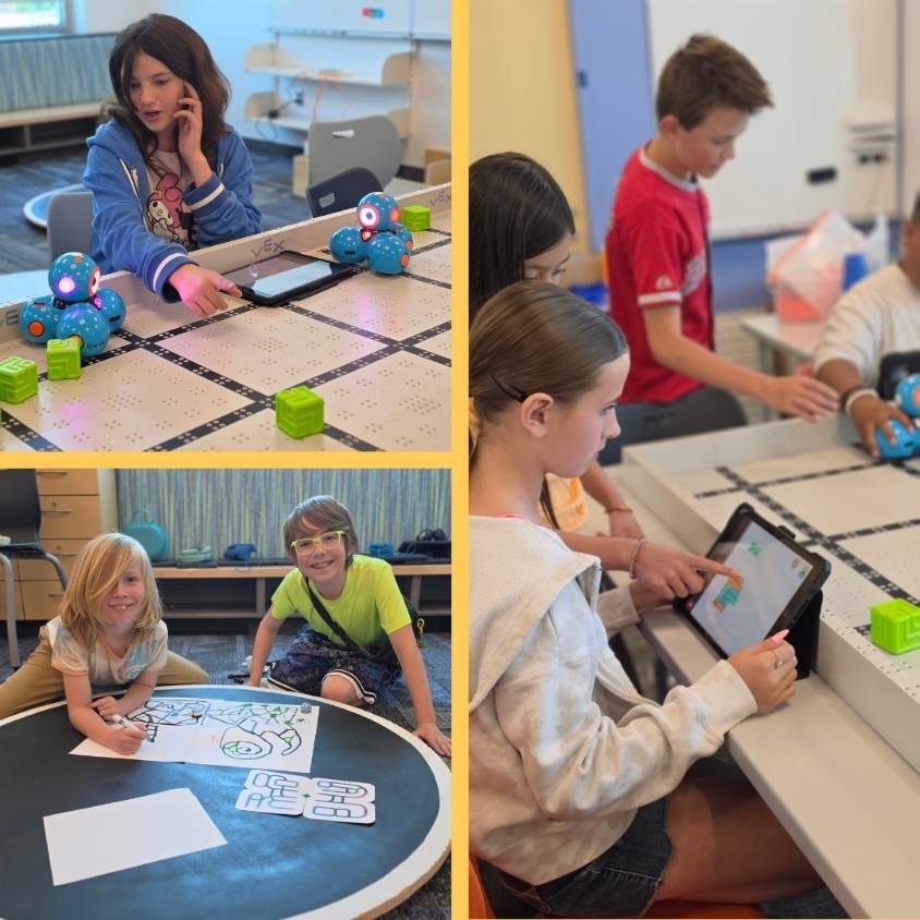 Collage showing students programming Dash robots with tablets and creating Ozobot tracks on paper in the computer lab.