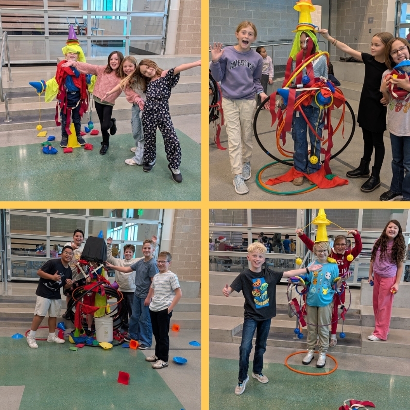 Collage of students smiling beside creative team-built structures made with hula hoops, cones, scarves, ropes, and PE equipment.