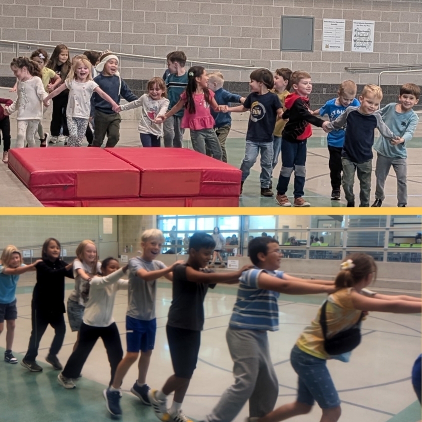 Collage of students working together in PE, holding hands in a line and moving in a teamwork train across the gym.