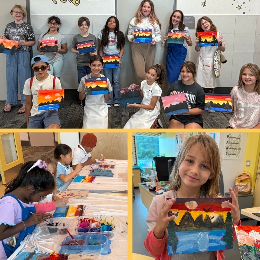 Collage of students painting and holding finished sunset landscape artwork during an elementary art class.