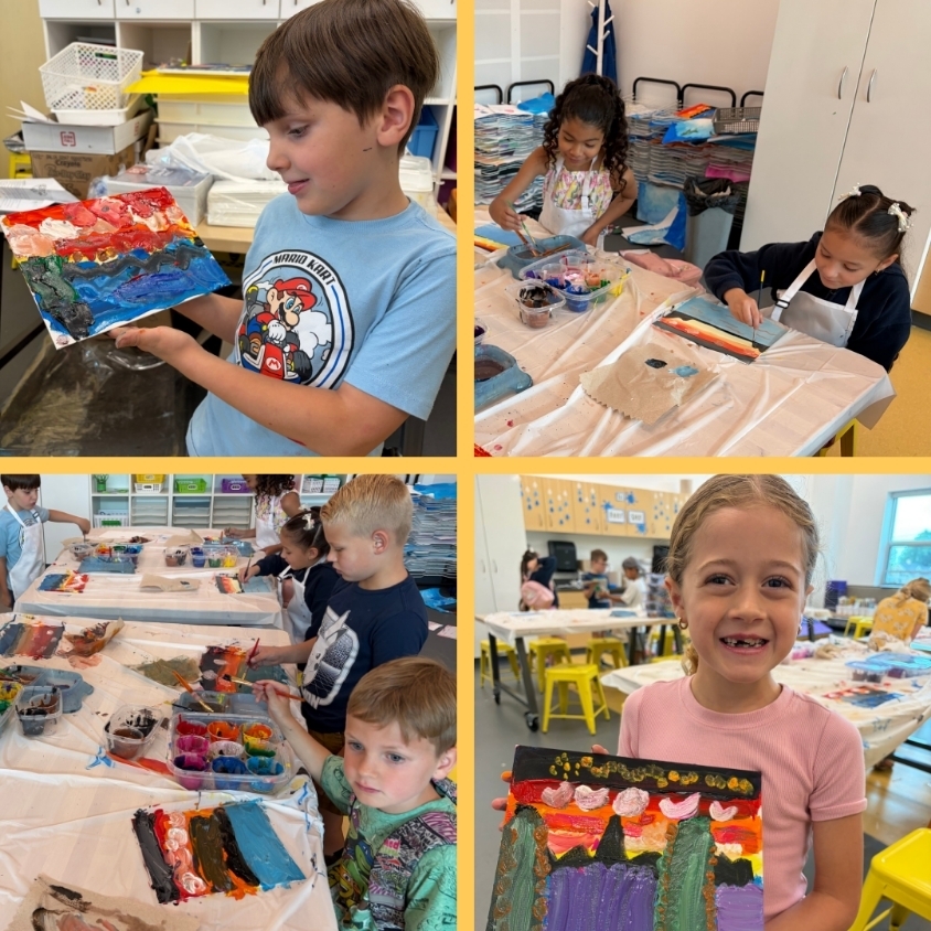 Collage of students working with paint trays, brushes, aprons, and colorful landscape paintings in the art room.