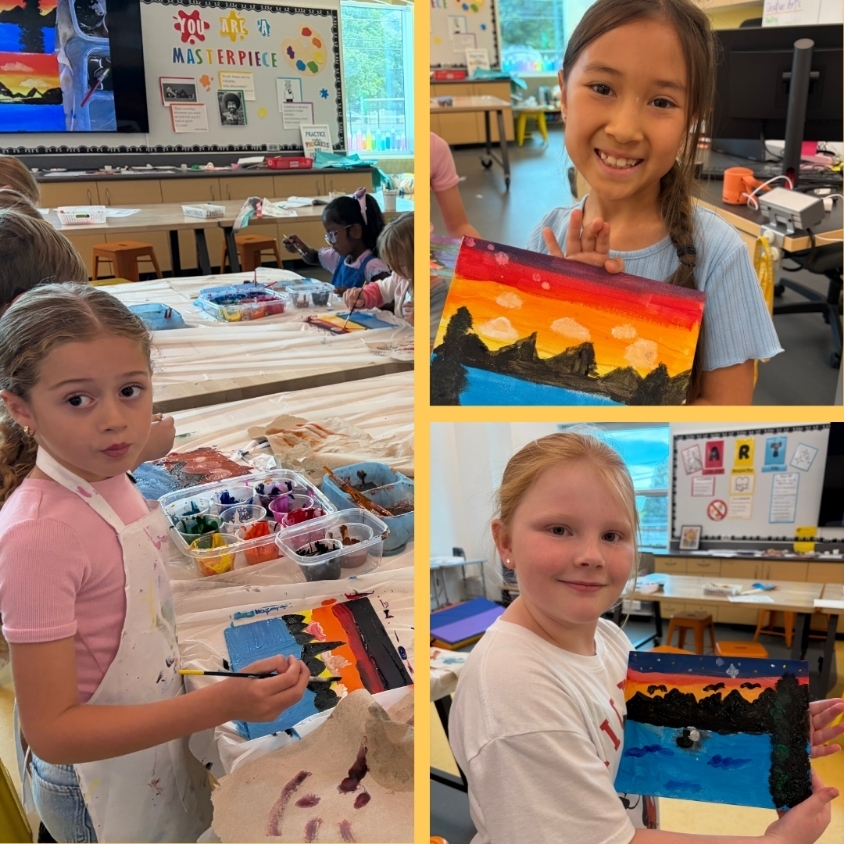 Collage of students painting and proudly displaying completed mountain and sunset landscape artwork.
