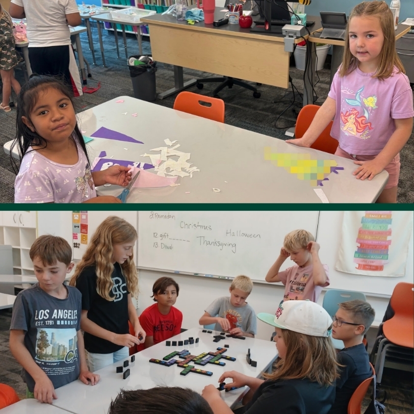 Collage of students making paper crafts with scissors and playing a tile-based board game together during summer learning.