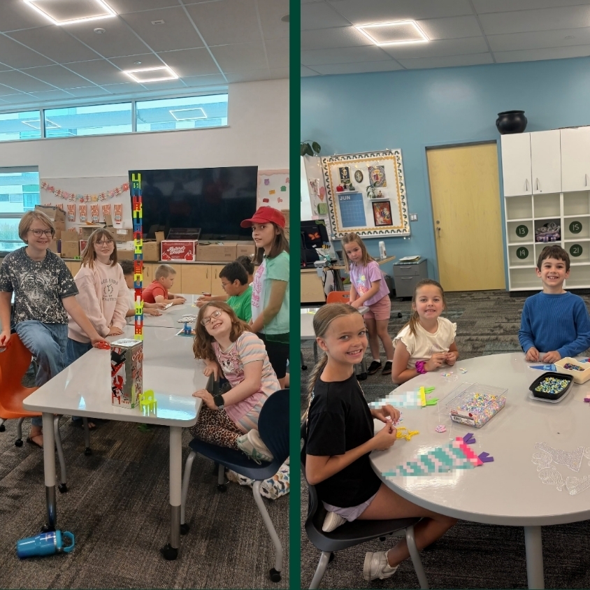 Collage of students building with blocks and creating bead crafts at tables during the summer learning program.