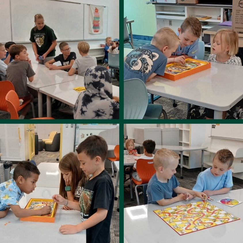 Collage of students playing board games together at classroom tables, including small group games and a colorful game board.