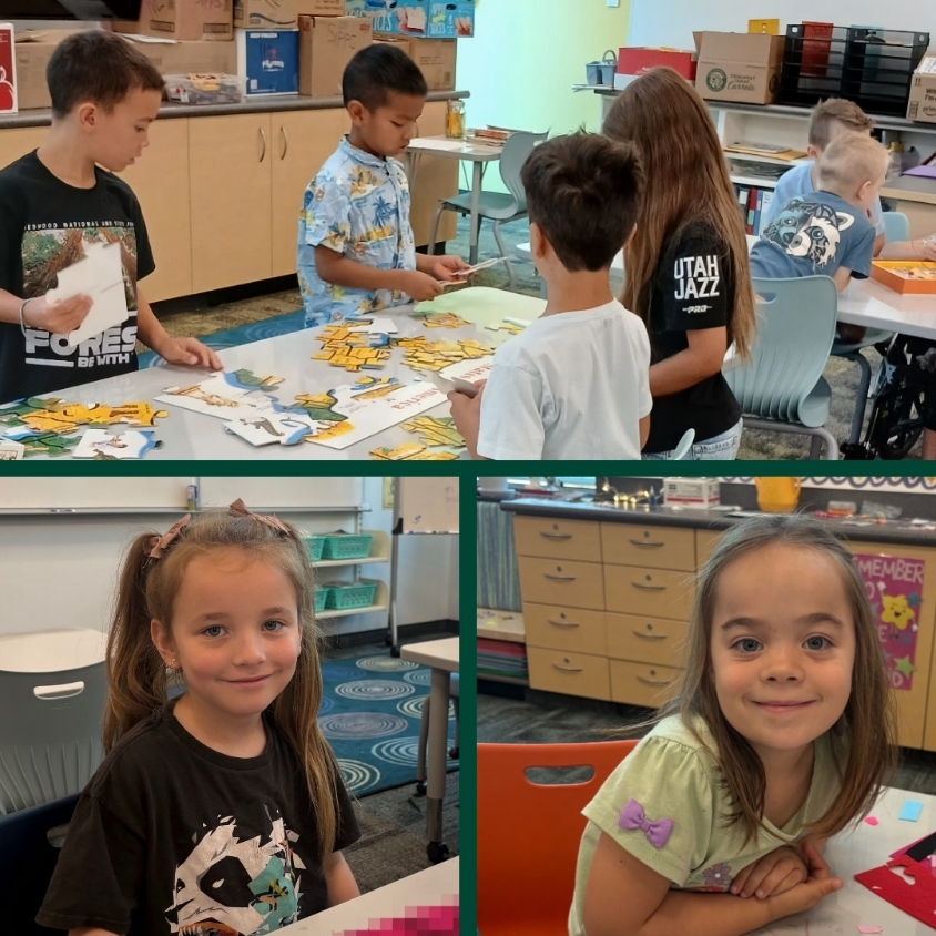 Collage of students working together on a large puzzle and smiling during hands-on summer learning activities.
