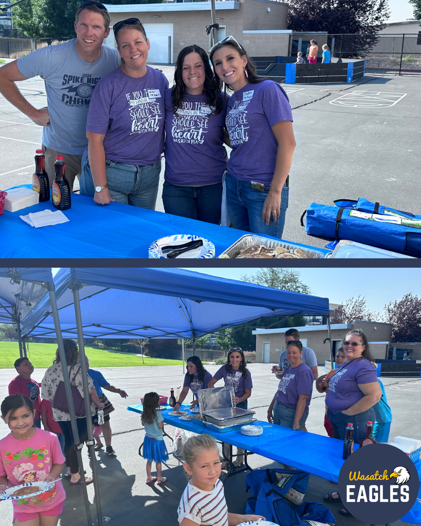PTA volunteers serve pancakes outdoors under a blue canopy while families visit and enjoy breakfast during the Pancakes with the Principals and PTA event. Volunteers stand behind tables with food and supplies, while students and family members wait in line and gather nearby. The Wasatch Eagles logo appears in the lower corner of the image.