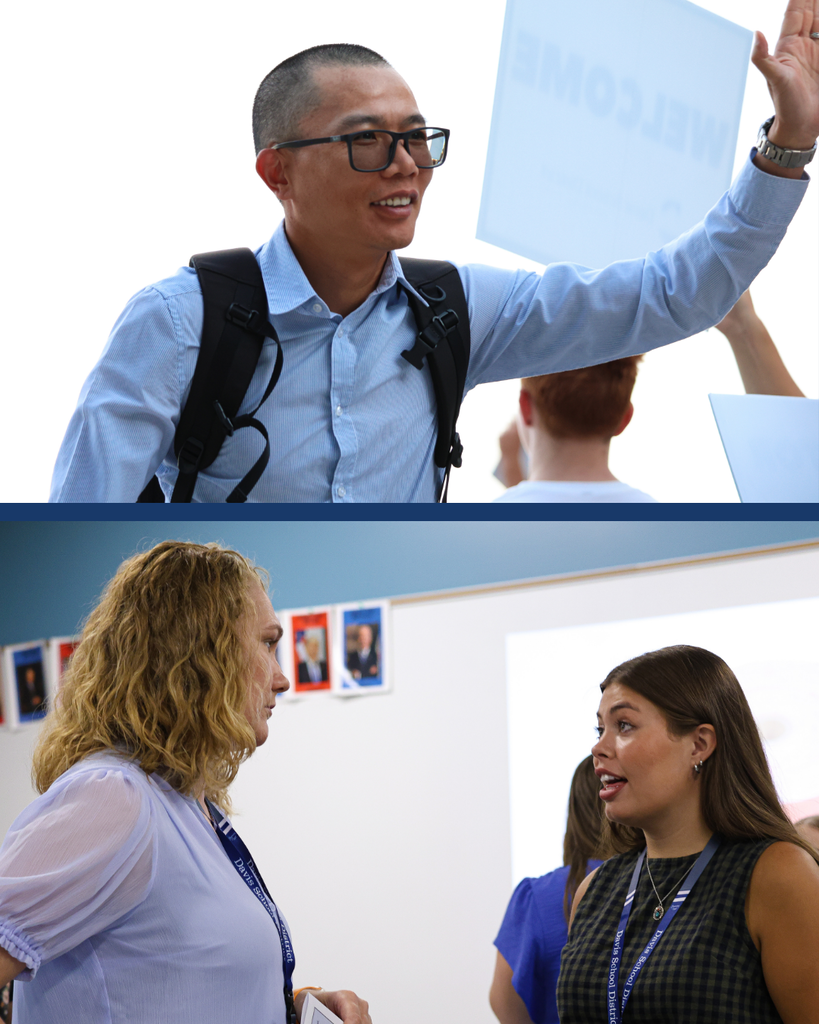 A collage of two photos. The top photo is of someone smiling walking in. The bottom photo is of two people talking in a classroom.