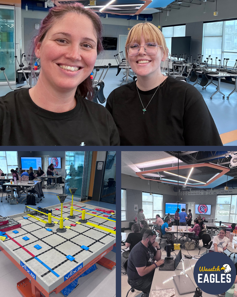 Collage of photos from a robotics coaching clinic. The top image shows two people in black shirts standing in a modern classroom with tables and chairs stacked upside down. The lower left image shows a VEX IQ robotics competition field with colored game pieces and scoring elements arranged on a gridded mat. The lower right image shows a training session with several adults seated at tables using laptops and discussing activities. Presentation screens display “2026-27 Coaching Clinic,” and a Wasatch Eagles logo appears in the bottom-right corner of the collage.