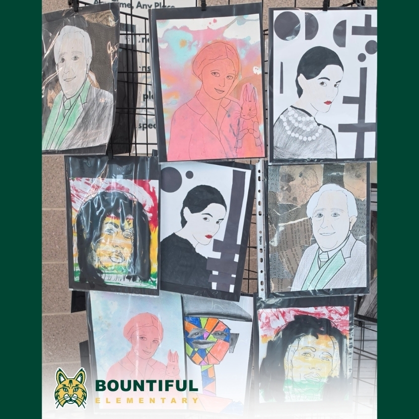 Student-created portrait artwork hangs on a black display rack in the school hallway with the Bountiful Elementary logo at the bottom.