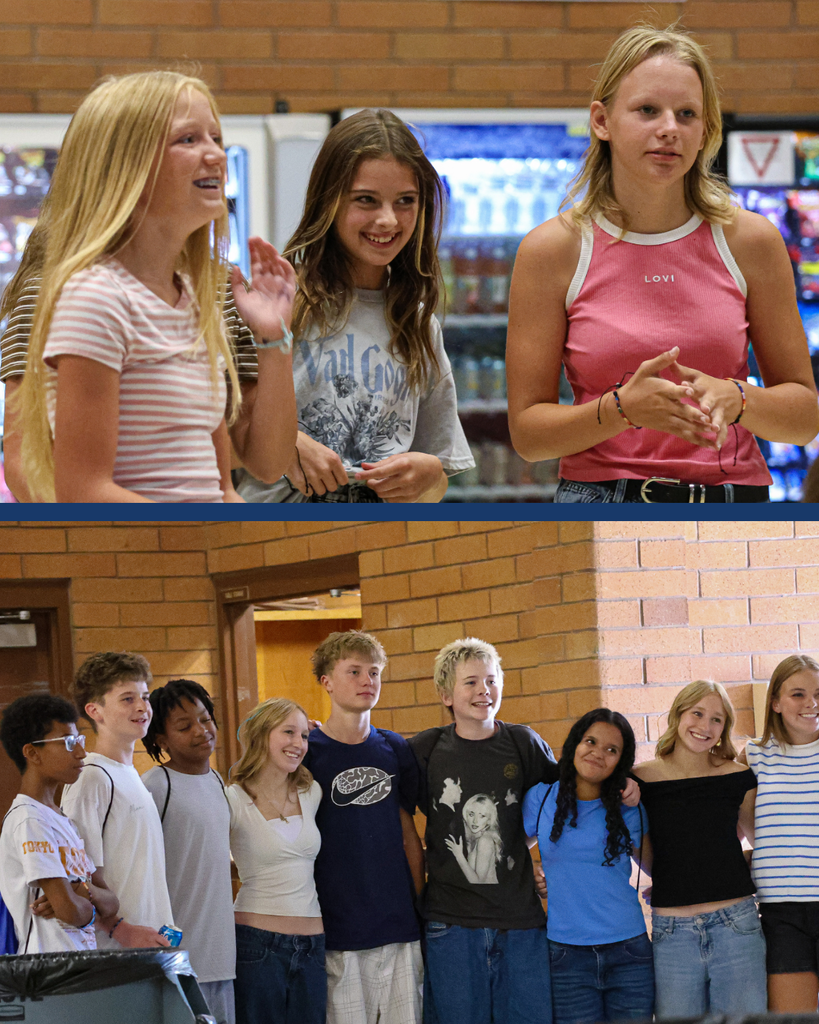 A collage of two photos of groups of students posing for photos.
