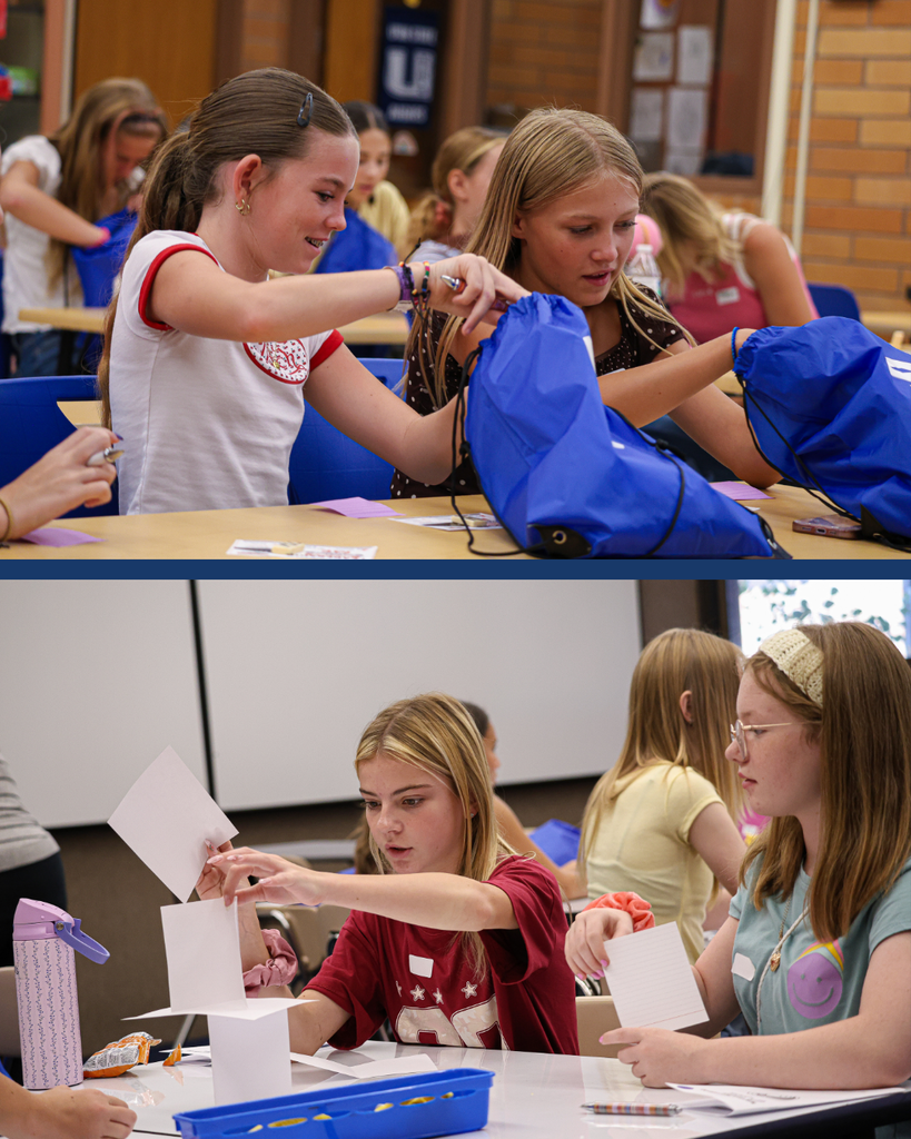 A collage of two photos of students doing activities in class.