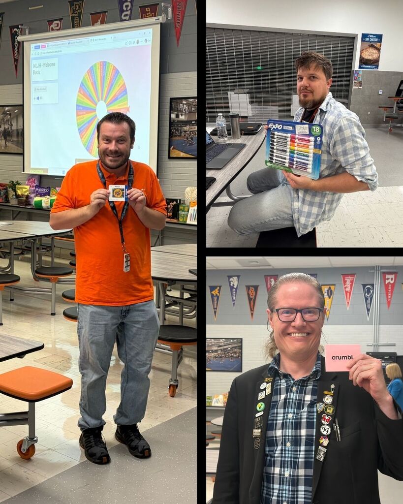 Teachers show prizes they won during a raffle.