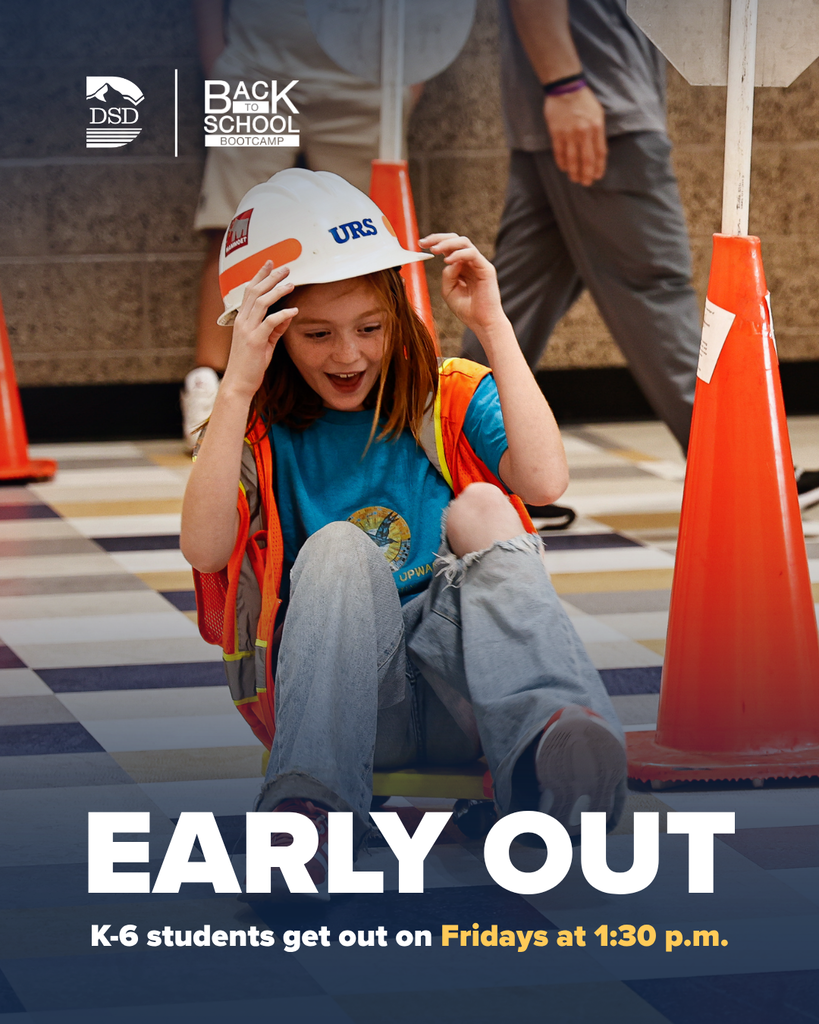 Student wearing a hard hat and orange vest. Early Out K-6 students get out on Fridays at 1:30 p.m.