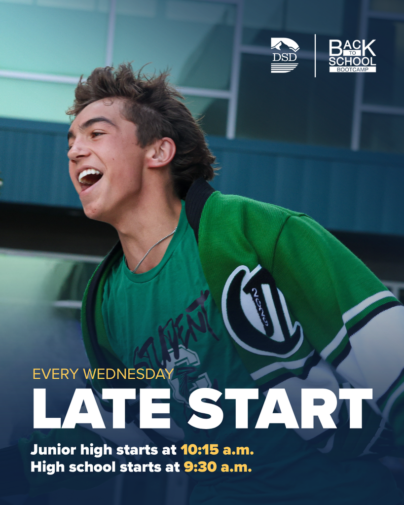 A student wearing green runs smiling. Every Wednesday Late Start. Junior high starts at 10:15 a.m. High school starts at 9:30 a.m.