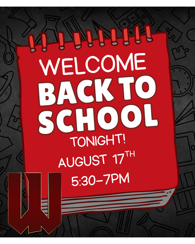 Drawing of a book that says, "Welcome, Back to School Night August 17th 5:30-7pm"