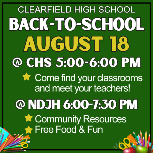 Back to school night august 18 5:00-6:00 pm @ CHS, come find your classrooms and meet your teachers. @NDJH 6:00-7:30 pm for community night with free food and activities, as well as community resources 