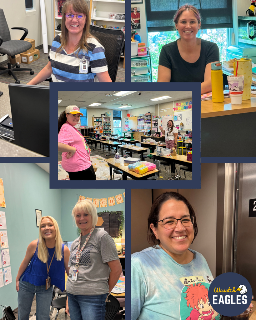 Collage of five photos showing school staff preparing for the new school year. In the top left, a staff member sits at a desk working on a laptop in an office space with shelves and boxes in the background. In the top right, a staff member sits at a classroom desk with notebooks, papers, and water bottles nearby. In the center photo, two staff members stand in a brightly decorated classroom with student desks, supplies, and learning materials arranged throughout the room. In the bottom left, two staff members stand together in a classroom with bulletin boards, educational displays, and a welcome banner visible. In the bottom right, a staff member stands near an elevator in a hallway area. The Wasatch Eagles logo appears in the lower-right corner. The collage highlights staff working together and preparing classrooms and learning spaces for students' arrival.