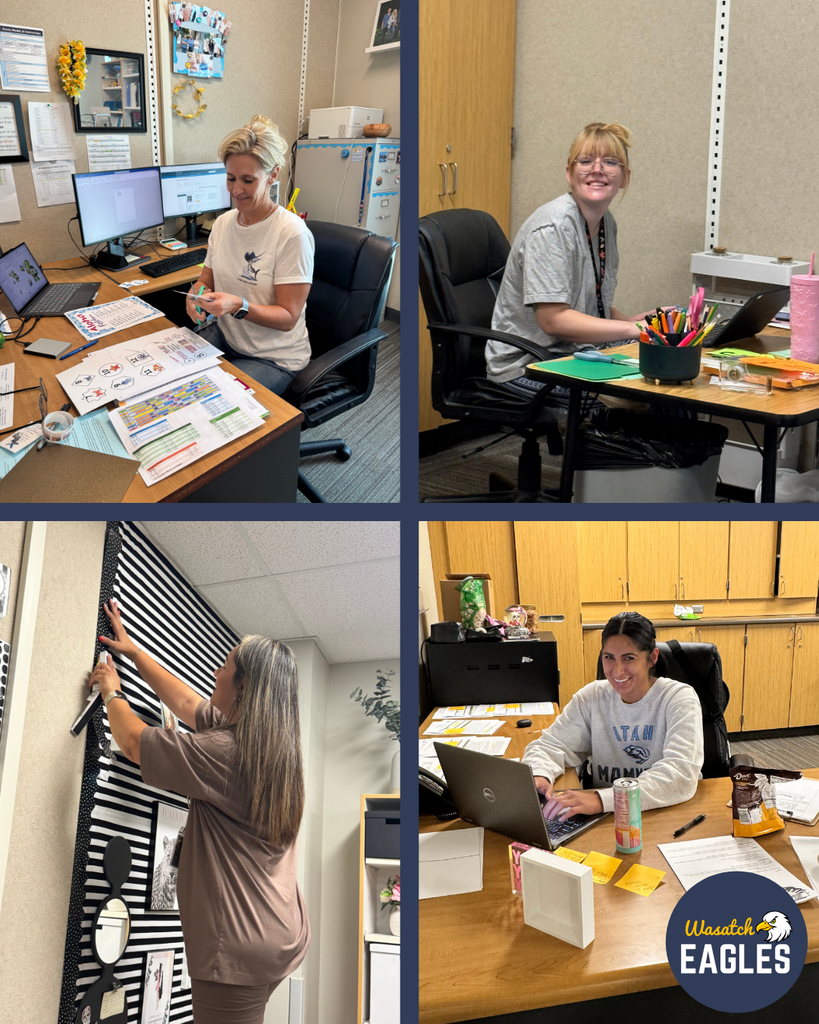 Four-photo collage showing school staff preparing for the new school year. In the top left, a staff member sits at a desk cutting and organizing instructional materials with multiple computer monitors and papers spread across the workspace. In the top right, a staff member works at a desk with colorful school supplies, notebooks, and a laptop. In the bottom left, a staff member decorates a classroom bulletin board with black-and-white striped paper and classroom displays. In the bottom right, a staff member works on a laptop at a desk covered with documents, sticky notes, and supplies. A Wasatch Eagles logo appears in the lower-right corner. The collage highlights staff members working to prepare classrooms and materials for students' return.