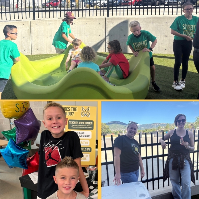 Three-photo collage from Back to School Night. Student Council members help younger students on the playground, two boys smile together near school displays and balloons, and two adult volunteers stand at an outdoor table.