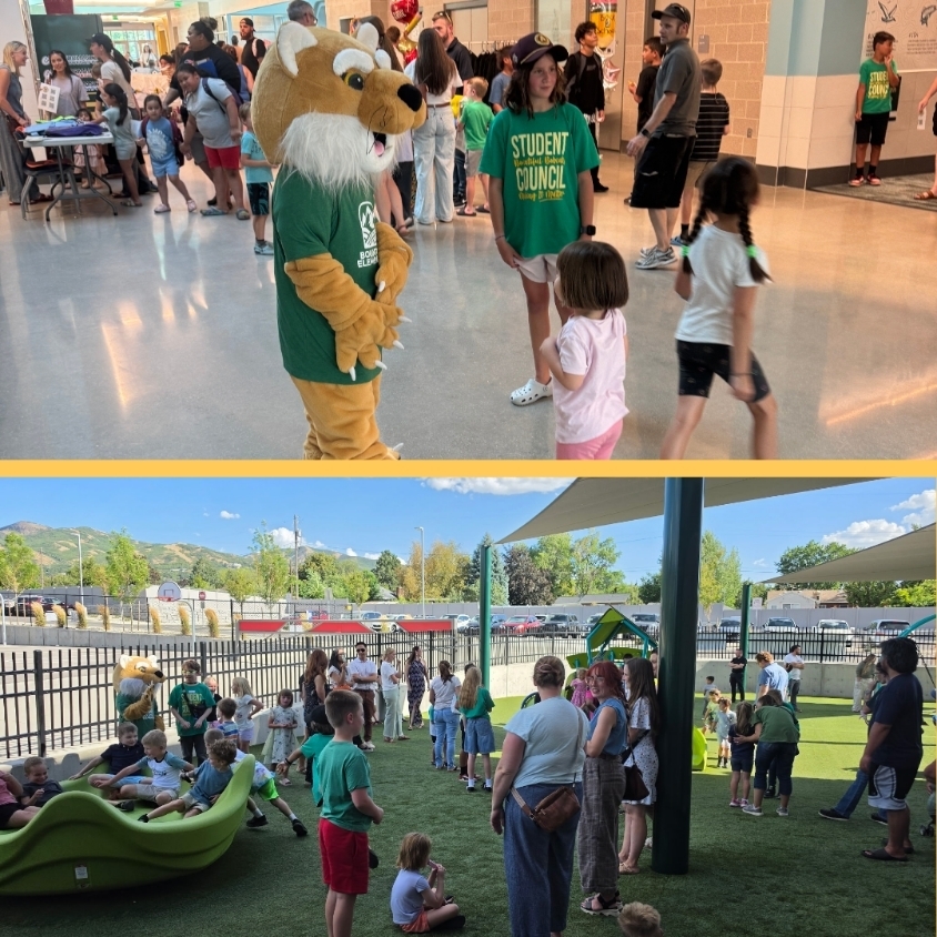 Two-photo collage from Bountiful Elementary Back to School Night. In the top photo, the Bobcat mascot and a Student Council member greet a young student inside the busy school hallway. In the bottom photo, families, students, and staff gather and visit on the outdoor playground.