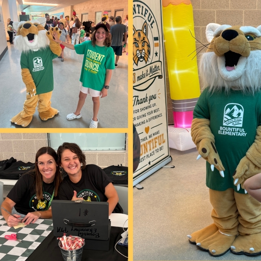 Three-photo collage from Back to School Night. The Bobcat mascot high-fives a Student Council member in a crowded hallway, two staff members smile at a welcome table, and the mascot poses beside Bountiful Elementary’s Make It Matter display.