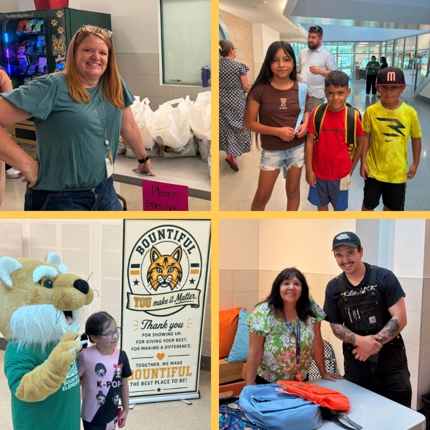 Four-photo collage from Bountiful Elementary Back to School Night showing a staff member at a giveaway table, three students together in the hallway, a young student visiting the Bobcat mascot beside a Make It Matter sign, and two adults helping at a table.