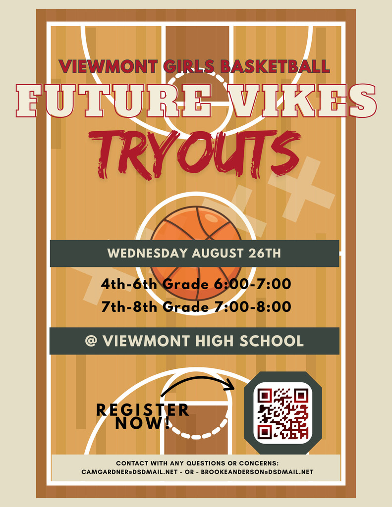 Viewmont Girls Basketball Future Vikes tryouts, Wednesday August 26th. 4th-6th grade 6:00 - 7:00 pm, 7th-8th Grade 7:00 - 8:00 pm at Viewmont High School. Register now with QR code. Contact with any questions or concerns: camgardner@dsdmail.net or brookeanderson@dsdmail.net