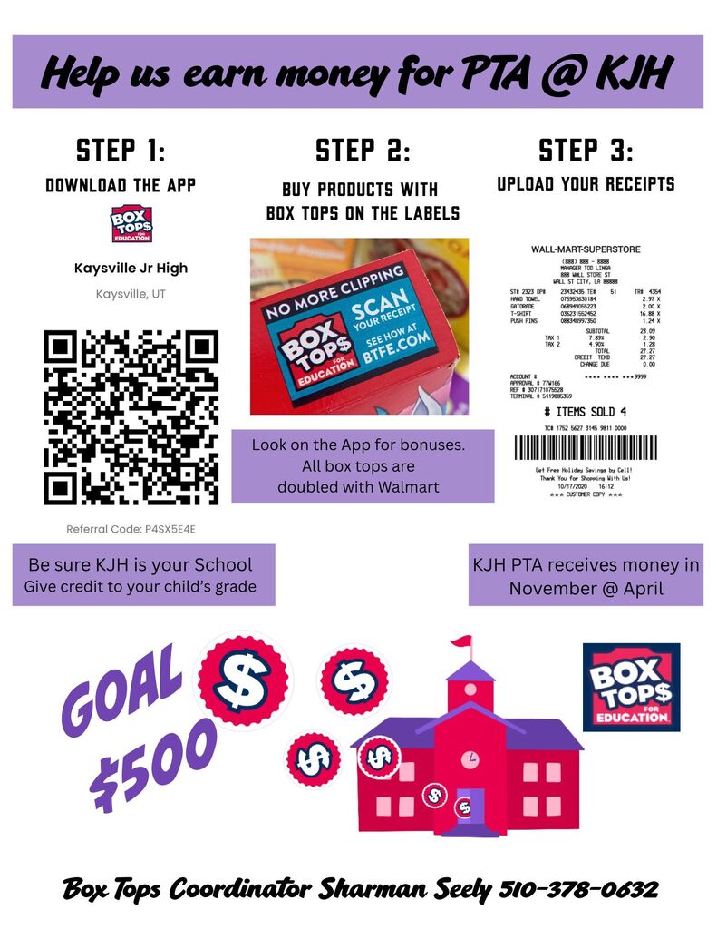 image of a school and a box tops help us earn money for PTA @ kjh step 1: download the app boxtops kaysville jr high kaysville, ut qr code referral code p4SX5E4E be sure kjh is you school give credit to your child's grade step 2 buy products with box tops on the labelslook on the app for bonuses. all box tops are doubled with walmart step 3: upload your receipts image of a receipt kjh pta receives money in november @ april goal $500 box tops box tops coordinator sharman seely 510-3780-0632