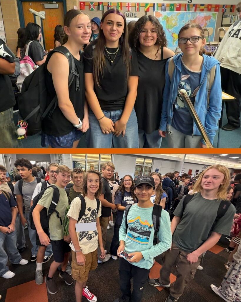 Students gather around and talk with each other for the first day of school