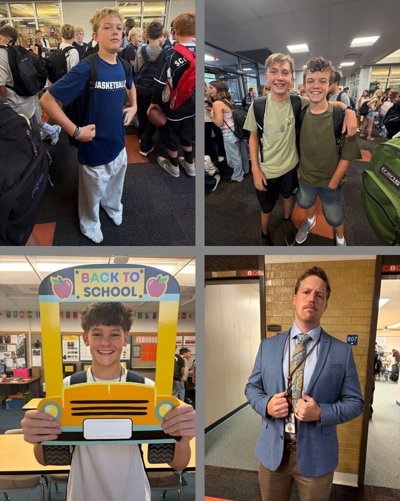 Students and a teacher are celebrating the first day of school