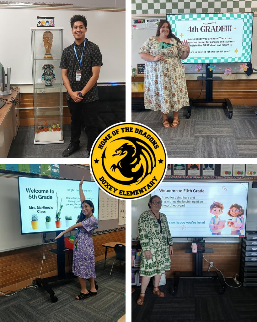 A 4-panel collage showcasing teachers in upper-grade classrooms, with the Doxey Elementary logo in the center. Top-left: A teacher smiling beside a glass display cabinet. Top-right: A teacher holding a "4th Grade" flag standing in front of a screen reading "Welcome to 4th Grade!!!". Bottom-left: A teacher in a purple dress gesturing toward a TV displaying "Welcome to 5th Grade - Mrs. Martinez's Class." Bottom-right: A teacher in a patterned green dress next to a display reading "Welcome to Fifth Grade."