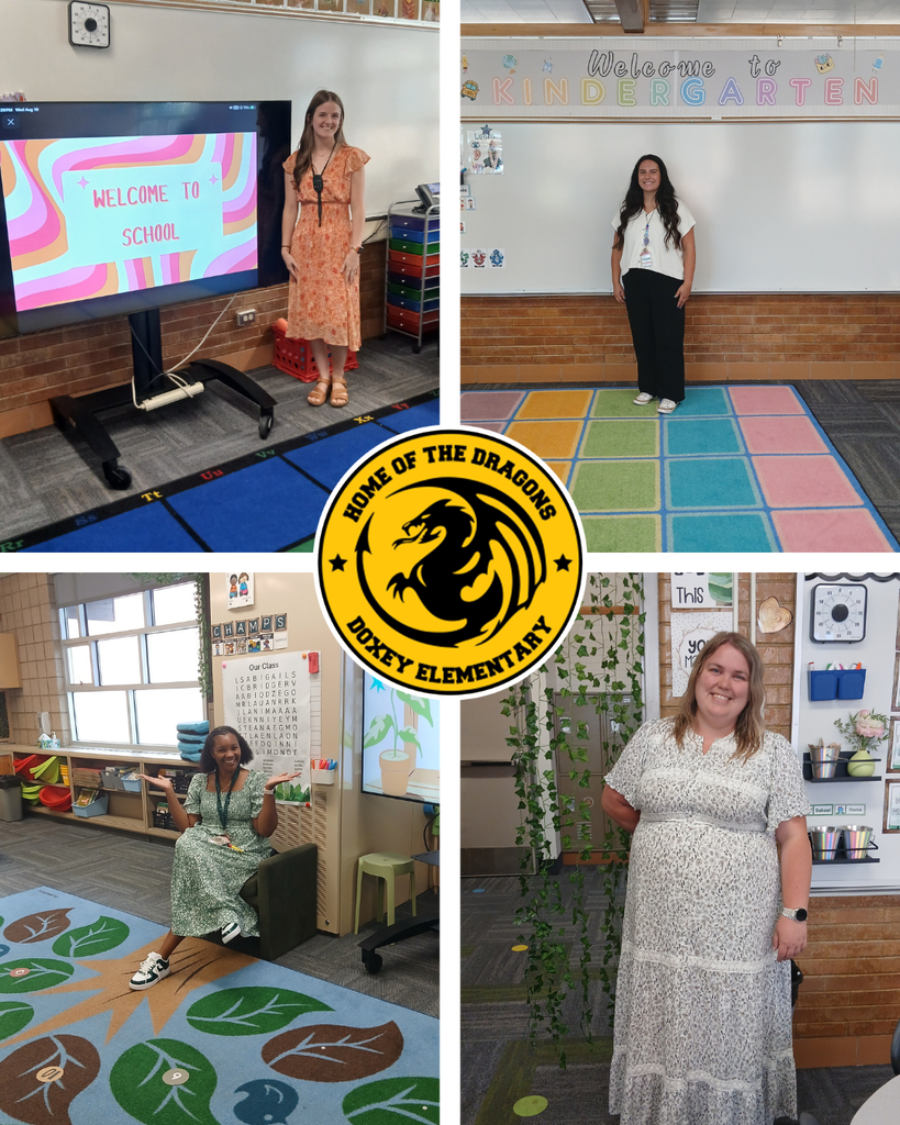 A 4-panel collage featuring Doxey Elementary educators posing in decorated classrooms, with the circular yellow and black "Home of the Dragons" logo in the center. Top-left: A teacher in an orange dress beside a TV showing "Welcome to School." Top-right: A teacher in black pants standing on a colorful grid mat under a "Welcome to Kindergarten" banner. Bottom-left: A teacher sitting in a chair on a green leaf rug with arms open. Bottom-right: A teacher wearing a white patterned dress standing beside a wall display.