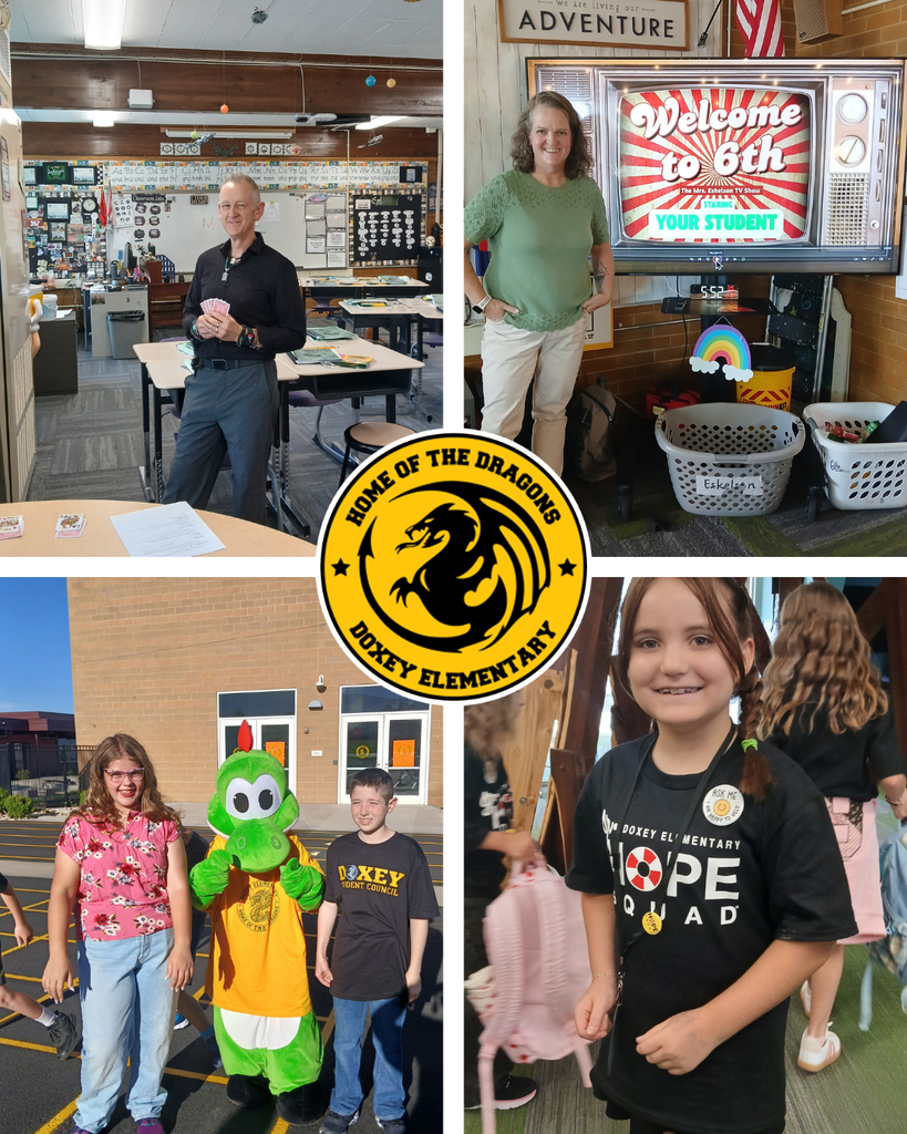 A 4-panel collage highlighting school spirit at Doxey Elementary, anchored by the central dragon logo. Top-left: A male teacher holding playing cards inside a classroom. Top-right: A teacher standing beside a retro TV graphic reading "Welcome to 6th - The Mrs. Eshelman TV Show." Bottom-left: Two students posing outside with the green Doxey Elementary Dragon mascot. Bottom-right: A smiling student wearing a black "Doxey Elementary Hope Squad" t-shirt.