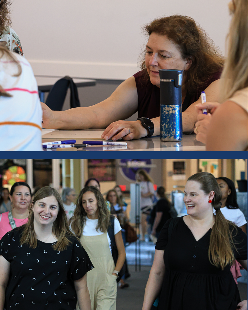 A collage of two photos of teachers working and walking to class.