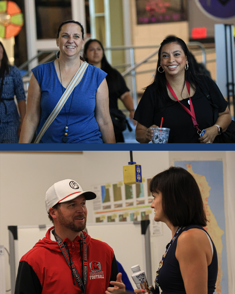 A collage of two photos of teachers collaborating together.