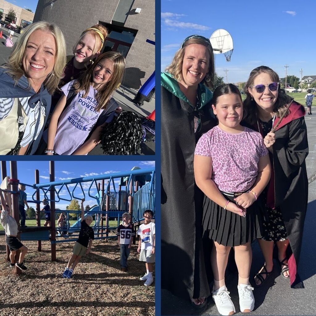 Students and teachers pose for pictures on the playground on the first day of school.