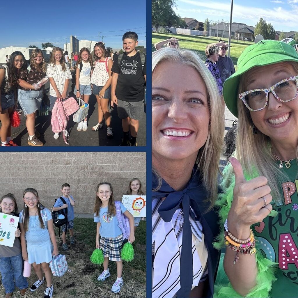 Students and teachers pose for pictures on the playground on the first day of school.