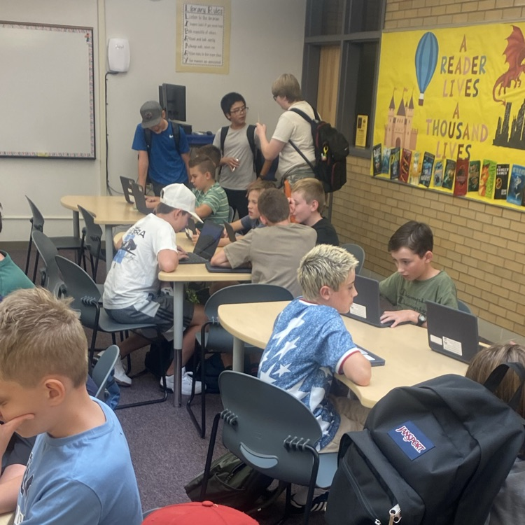 Students gathered in the library