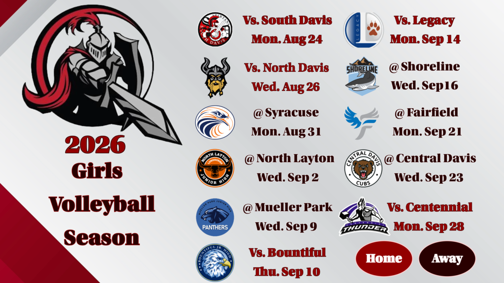image of kjh knight logo, knight pointing a sword and holding a shield 2026 girls volleyball season image of dsd junior high logos vs. south davis mon. aug 24 vs. north davis wed. aug 26 @ syracuse mon. aug 31 @ north layton wed sep 2 @ mueller park wed sep 9 vs. bountiful thu sep 10 vs legacy mon sep 14 @ shoreline wed sep 16 @ fairfield mon sep 21 @ central davis wed sep 23 vs centennial mon. sep 28home away