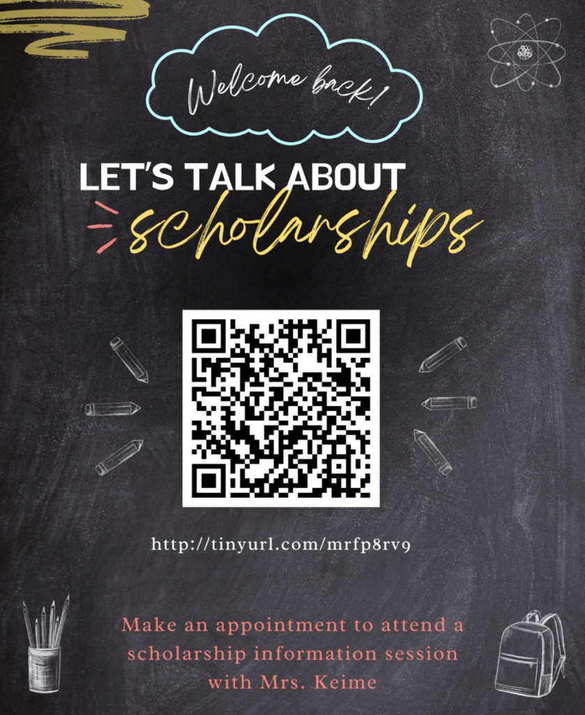 Scholarship appointment. Scan QR code for an appointment with Mrs. Keime