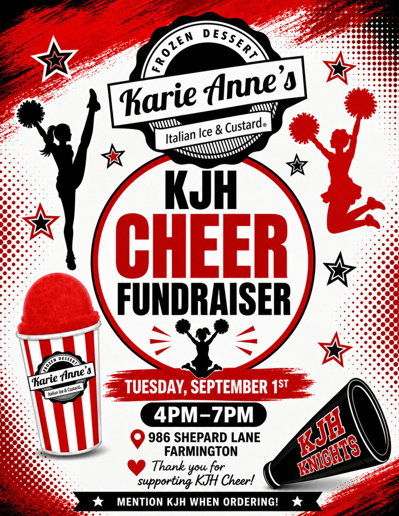 image of cheerleaders holding pom poms, a megaphone, and stars frozen dessert karie anne's italian ice & custard kjh cheer fundraiser tuesday, september 1st 4pm-7pm 989 shepard lane farmington thank you for supporting kjh cheer! mention kjh when ordering.